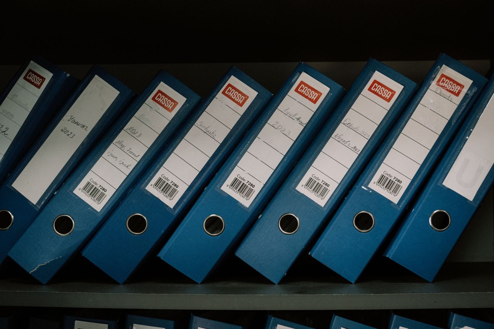 Blue labeled archive binders holding compliance records